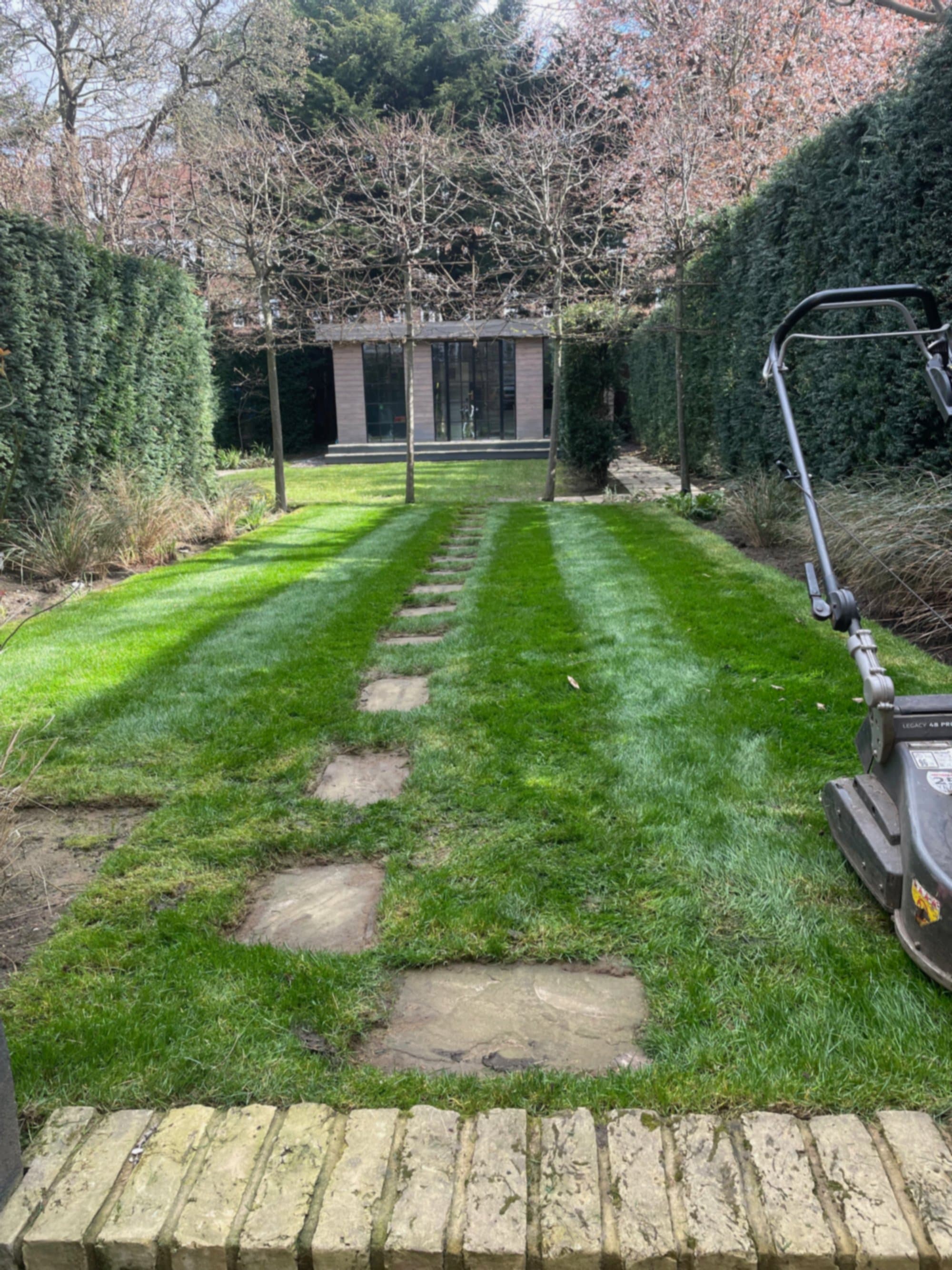 The established new lawn being mown for the first time, striped and green
