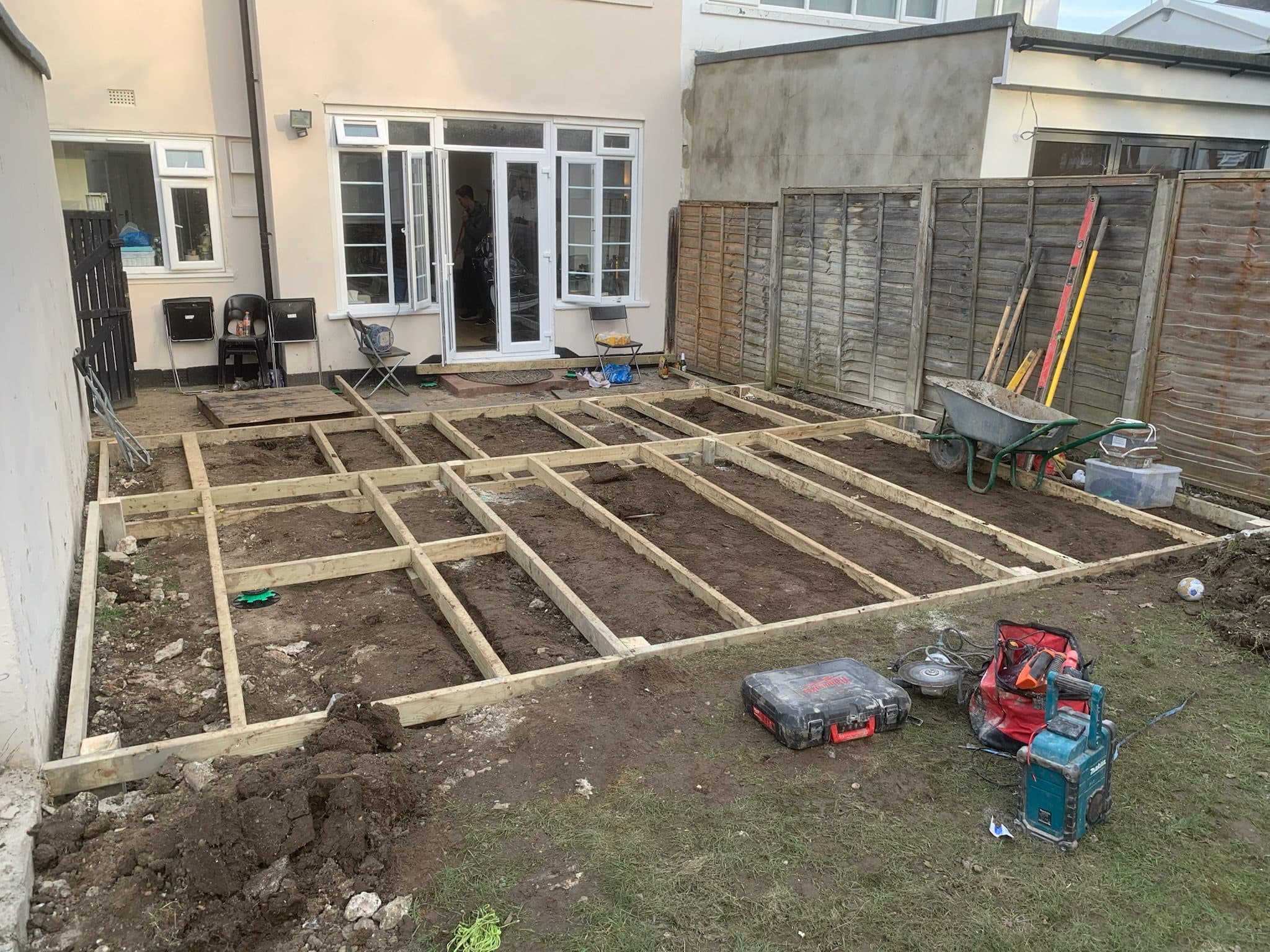 The full deck substructure laid out on adjustable feet, ready for the boards