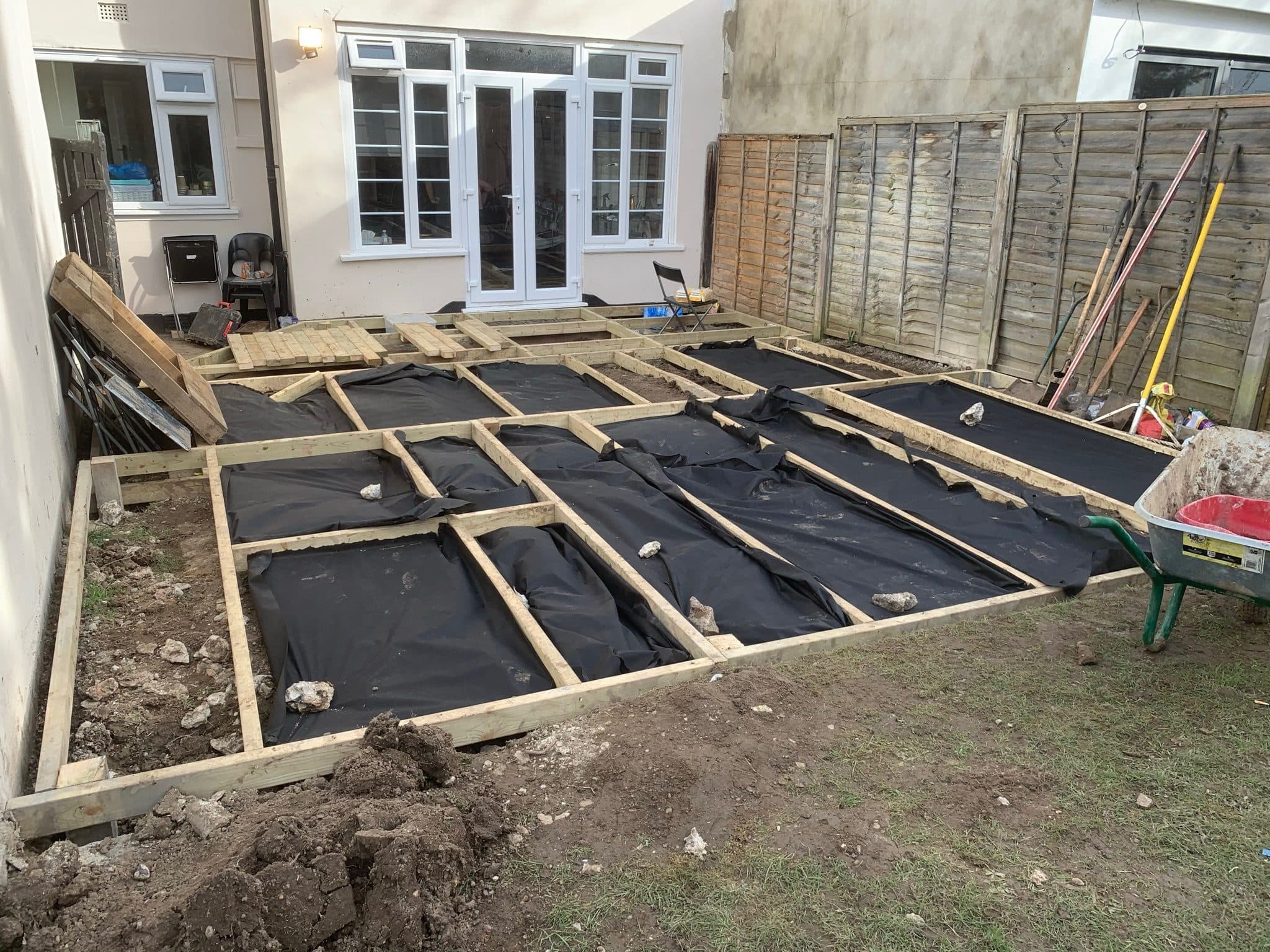 Weed membrane laid across the ground before the substructure went in