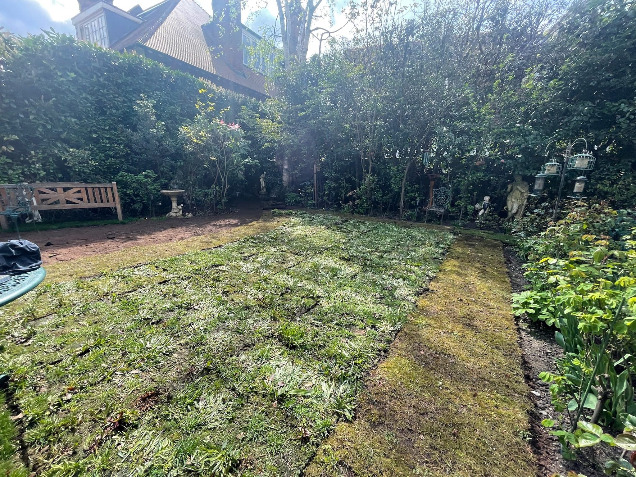 The meadow turf freshly laid across the garden, before establishment