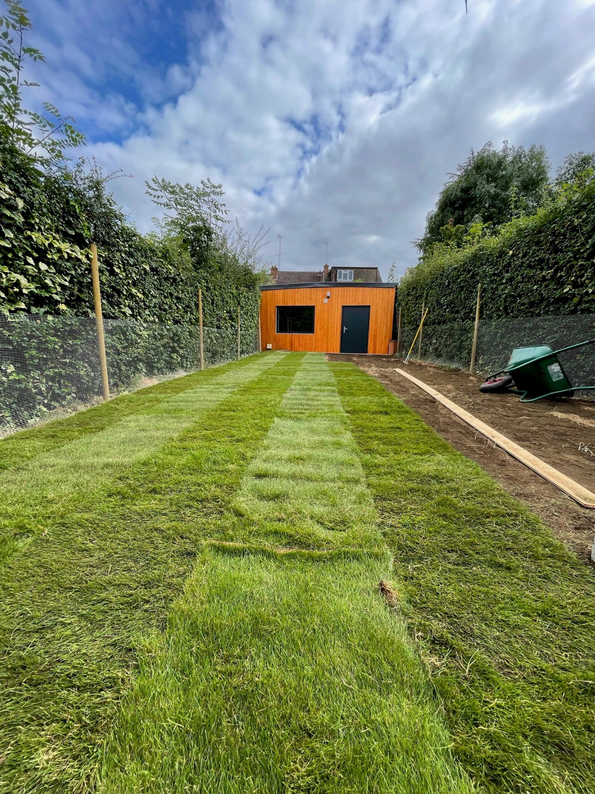 The freshly laid turf just after installation, with the seams still visible