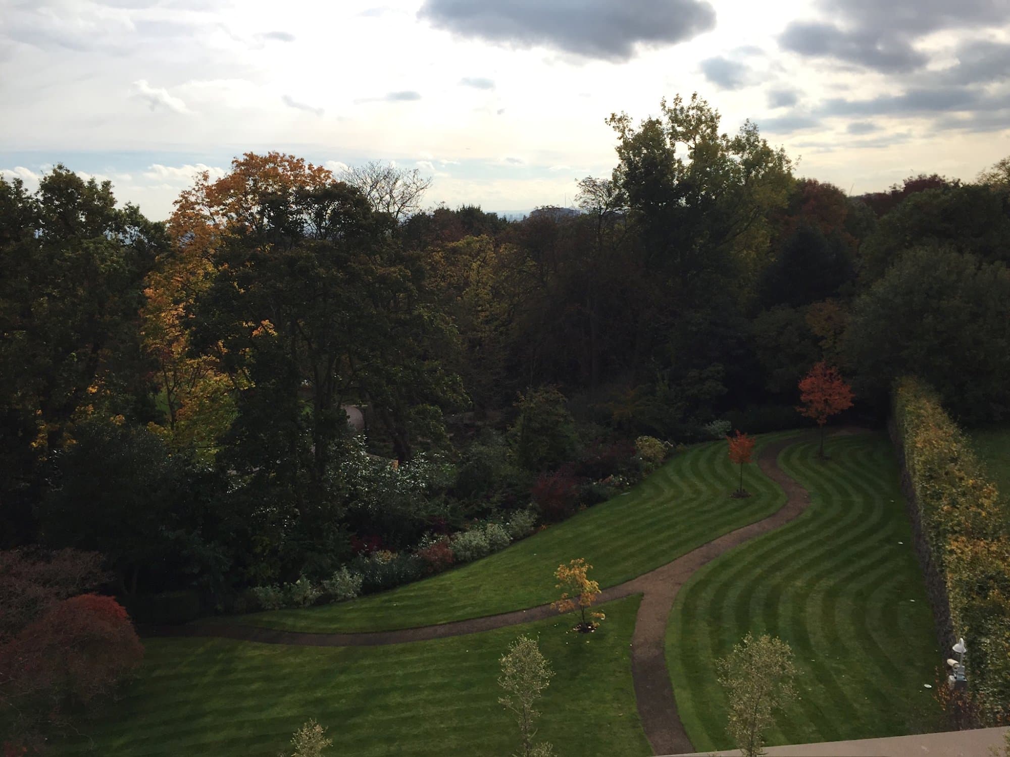 A sweeping, immaculately striped lawn curving between deep borders and mature autumn trees in a large North London garden, with the city skyline on the horizon.